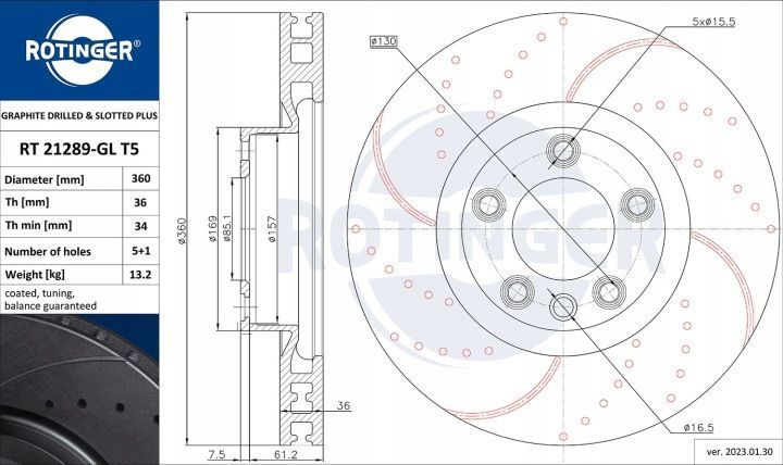 Передній гальмівний диск для Volkswagen TOUAREG &mdash; 359,8&times;36 мм / Porsche CAYENNE, ЦО 85,1 мм, OE 7P6615301 RT 21289-GL T5 фото